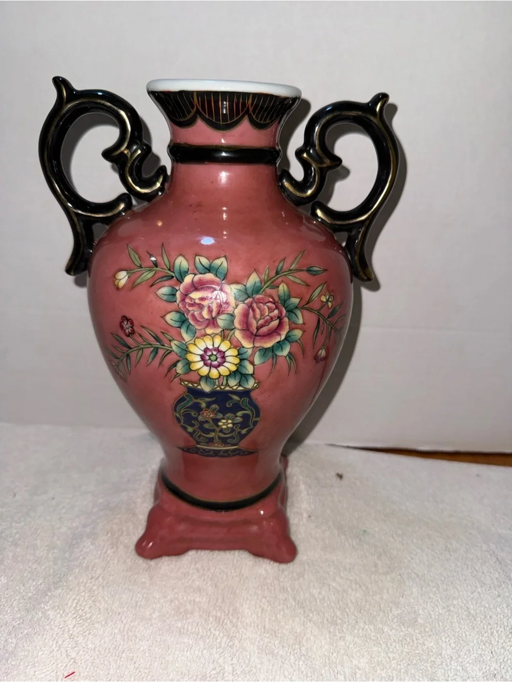 Decorative Pink Floral Double-Handled Vase - Home Accents